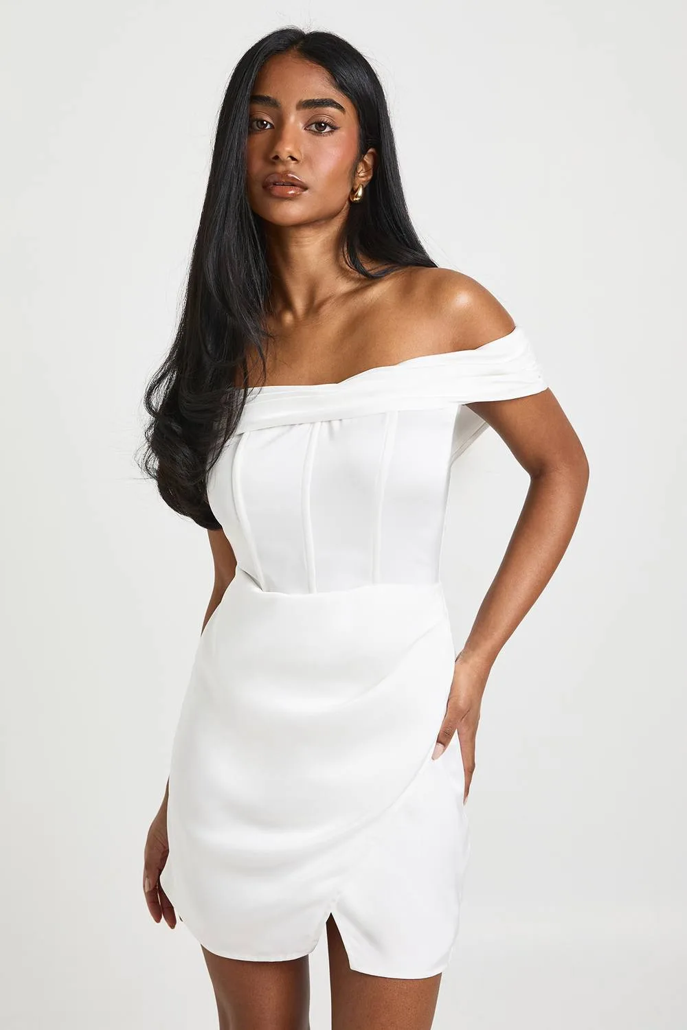 Satin Ruched Bardot Drape Detail Mini Dress by boohoo