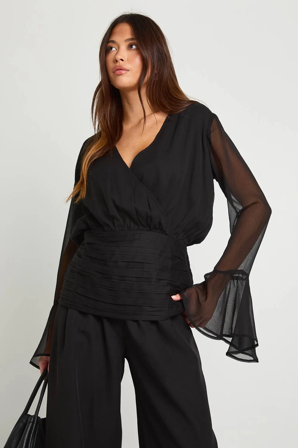 Chiffon Flute Sleeve Wrap Blouse