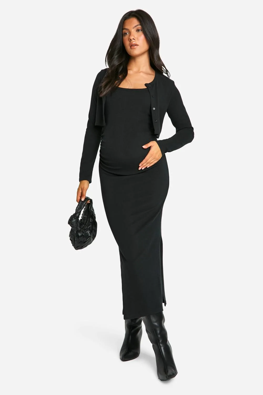 Maternity Textured Rib Strappy Side Split Midaxi Dress & Crop Cardigan by boohoo