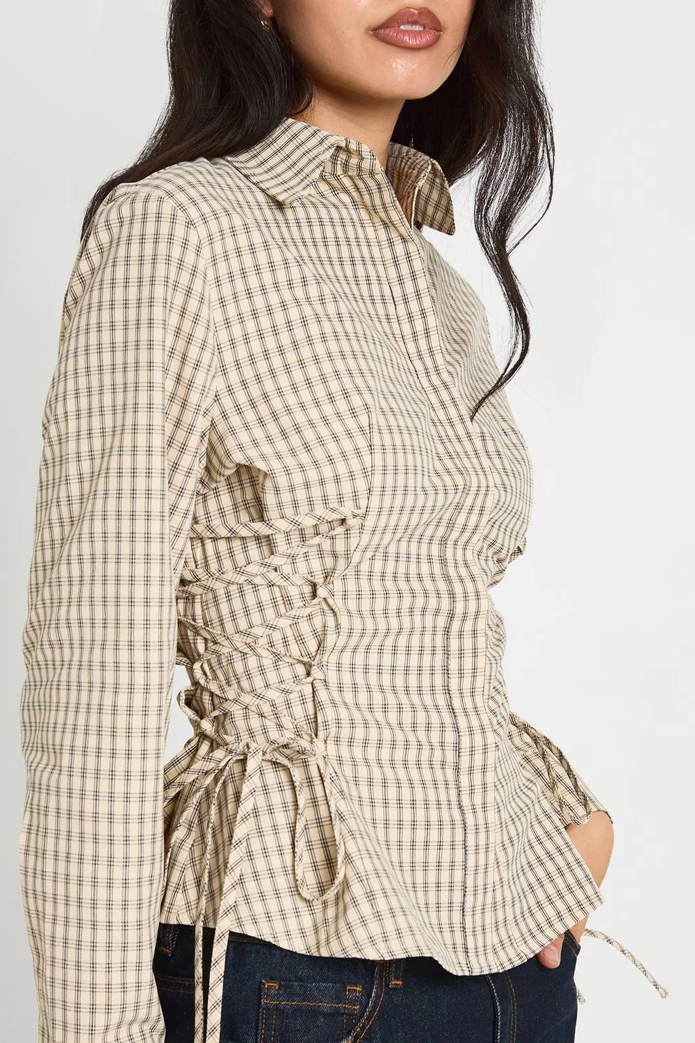 Check Tie Waist Long Sleeve Fitted Shirt by boohoo