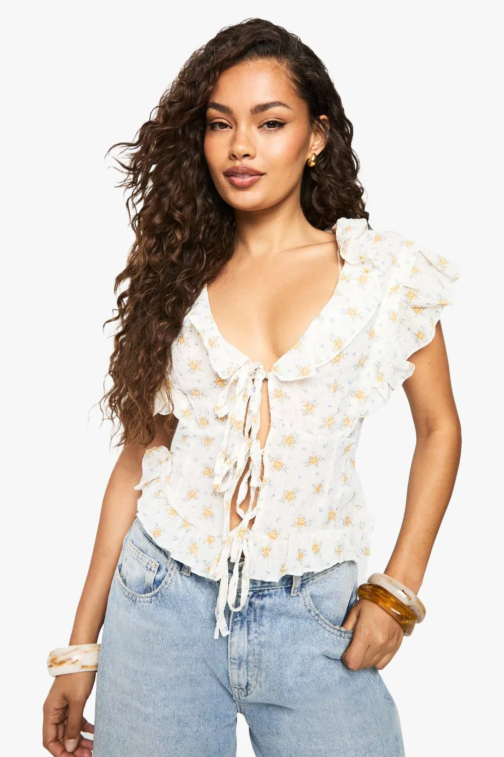 Woven Floral Print Tie Front Top