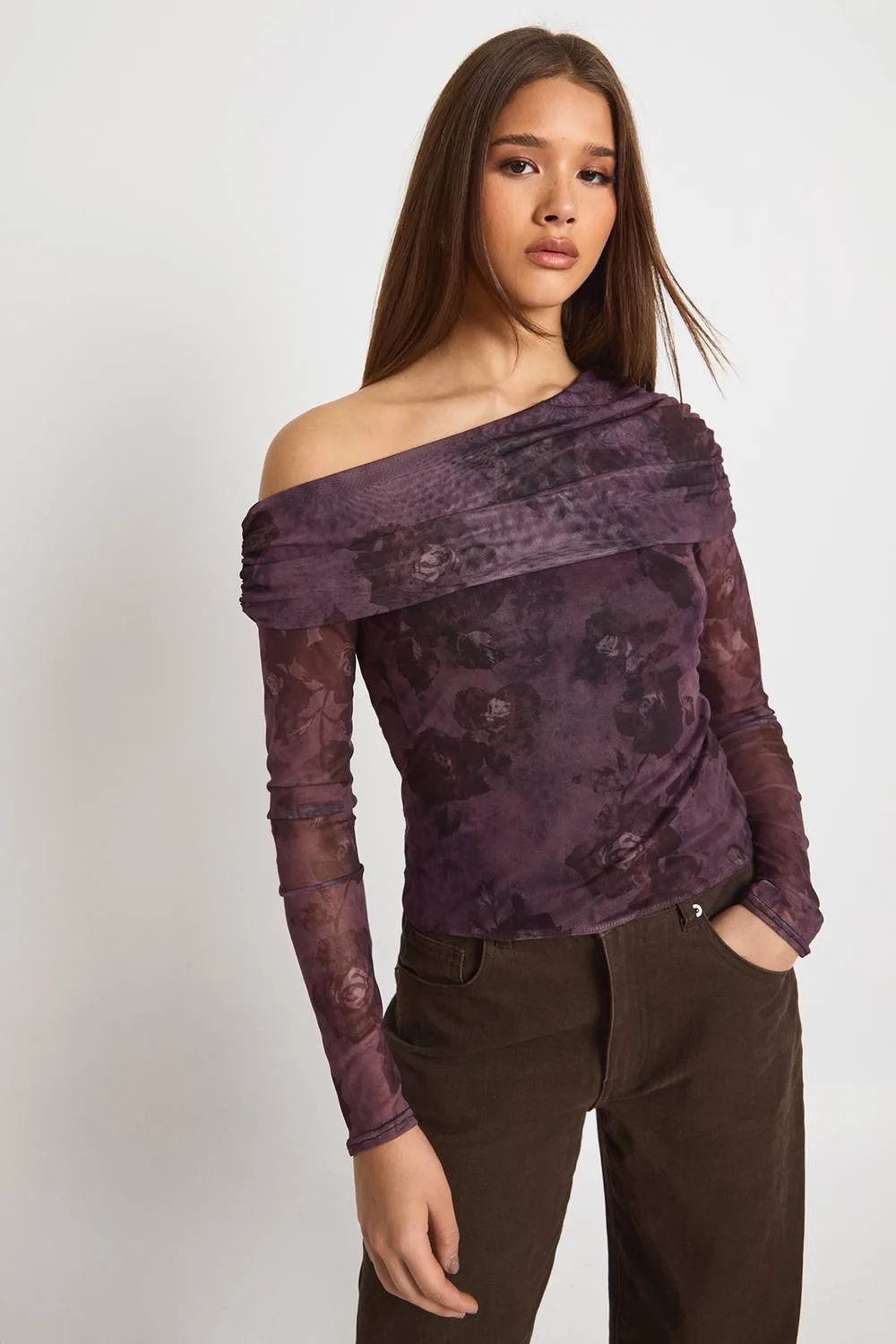 Mesh Asymmetric Long Sleeve Top by boohoo