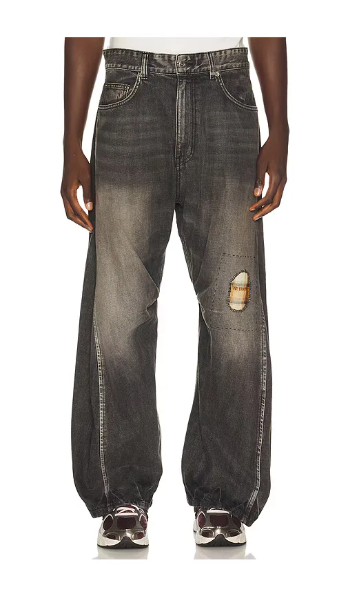 Repaired Check Curved Denim Jeans