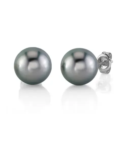 Tahitian South Sea Silver Round Premier AAAA Pearl Stud Earrings in Yellow Gold by The Pearl Source