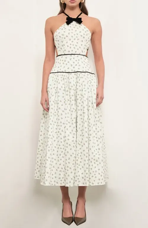 Harlow Bow Detail Floral Open Back Cotton Midi Dress by MAUDE CLUB