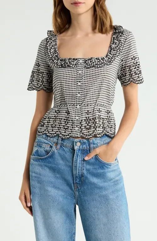 Gabbie Gingham Embroidered Woven Top by Reformation