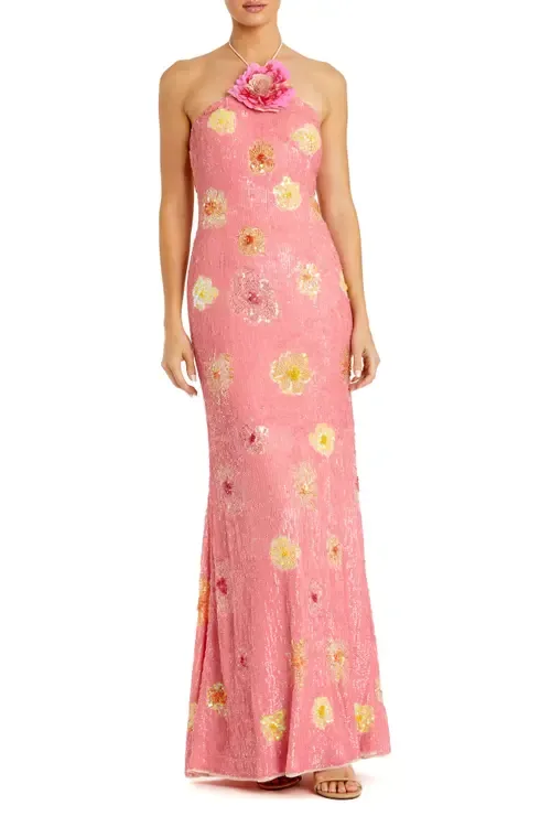 Halter Neck Floral Embellished Mesh Gown by Mac Duggal