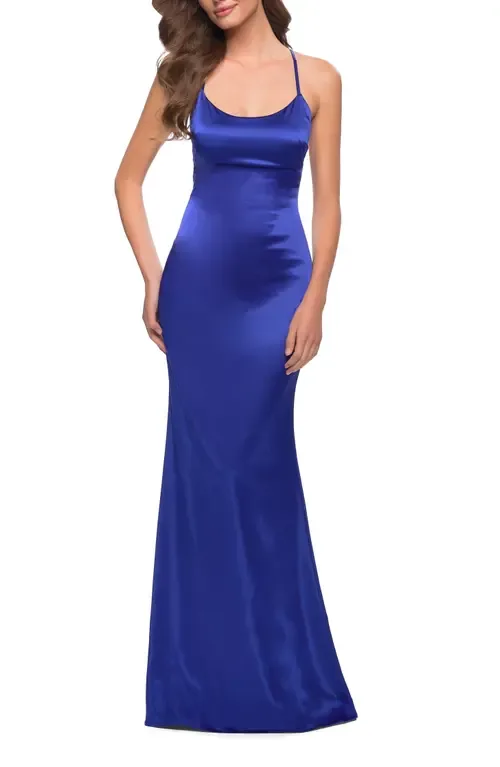 Chic Stretch Satin Gown with Scoop Neck and Open Back by La Femme