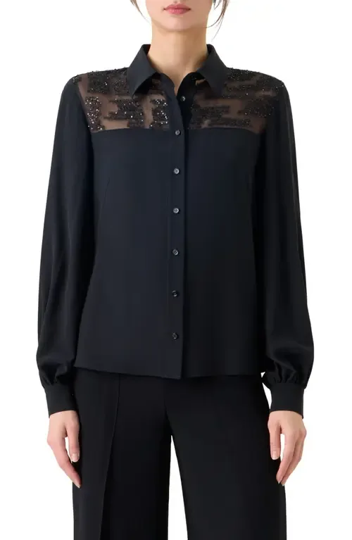Sequin Yoke Silk Crepe Button-Up Shirt by Akris