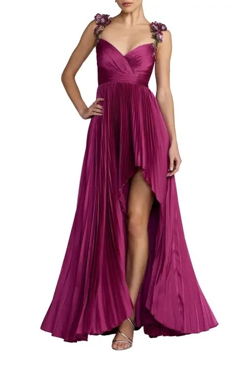 Sleeveless Front Slit Charmeuse Beaded Detail Gown by Mac Duggal