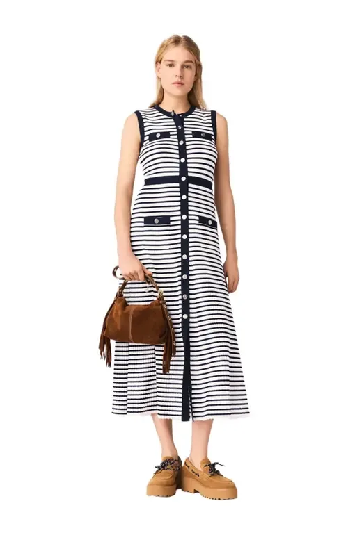 Breton Stripe Knit Maxi Dress by maje