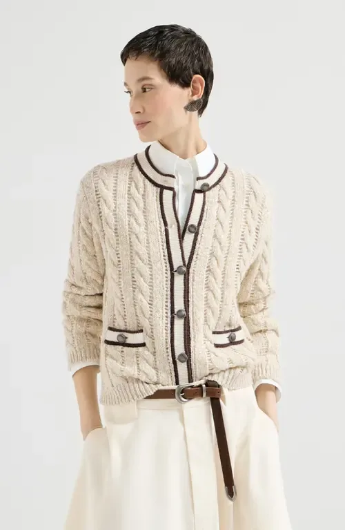 Soft Virgin Wool and Cashmere Diamond Yarn Cable Knit Cardigan by Brunello Cucinelli