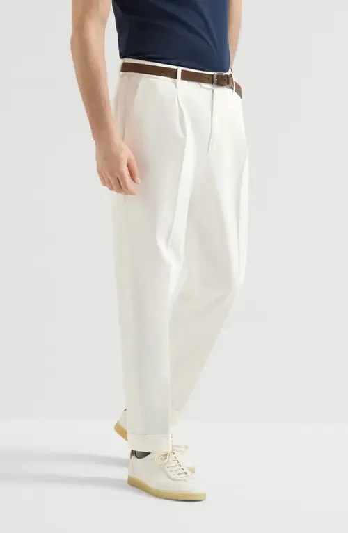 Garment-Dyed Trousers in Twisted Cotton Gabardine with Pleat by Brunello Cucinelli