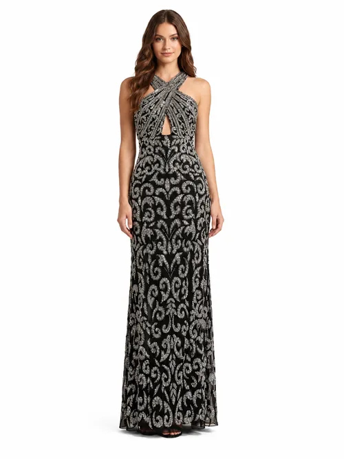 Beaded Cross Halter Dress by LARA New York
