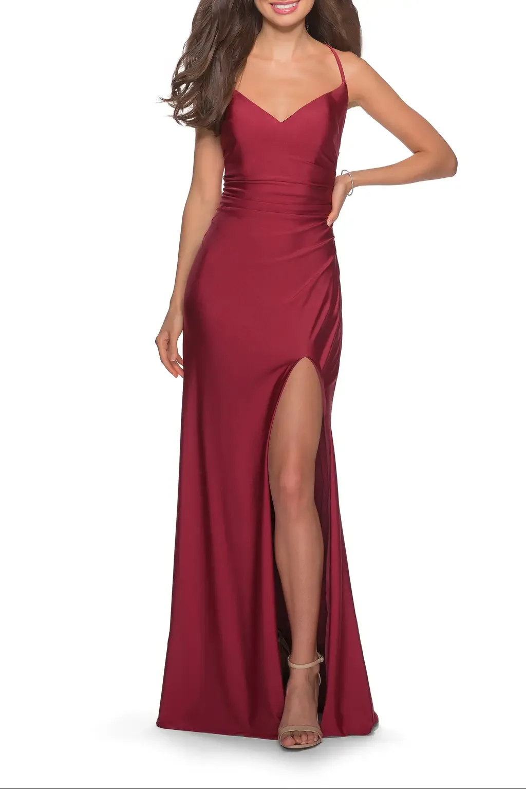 Long Homecoming Dress with Slit and Criss Cross Back by La Femme