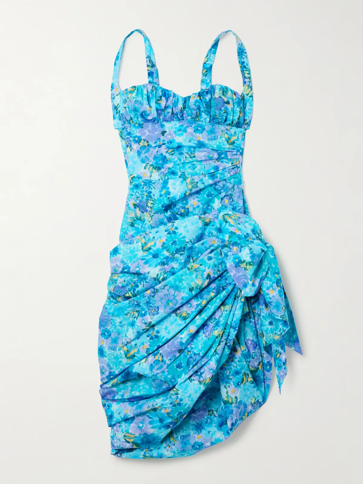 - Asymmetric Bow-detailed Draped Gathered Floral-print Cotton Mini Dress -