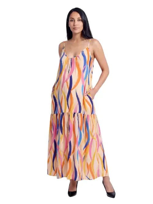 Maternity Essential Abstract Print Scoop Neck Spaghetti Strap Pocket A-Line Maxi Dress by 24seven Comfort Apparel