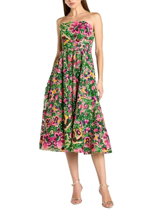 Strapless Floral Embroidered Midi Dress by Mac Duggal