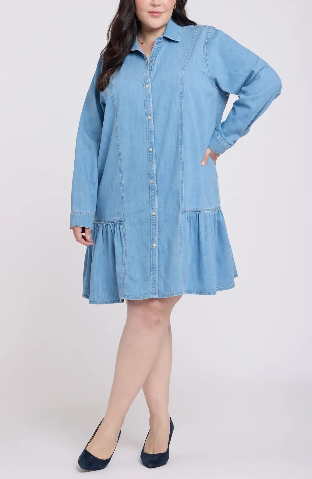 Ruffle Hem Long Sleeve Denim Shirtdress