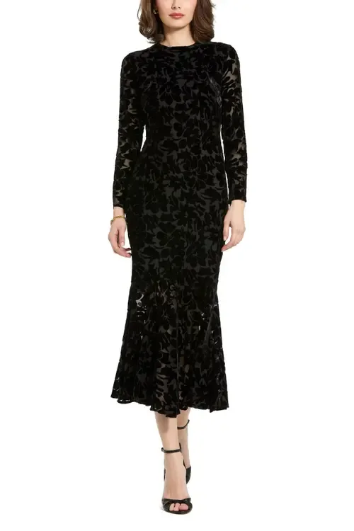 Burnout Velvet Long Sleeve Ruffle Hem Midi Dress