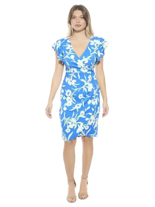 Essential Floral Flutter Sleeve Faux Wrap Knee Length Dress by 24seven Comfort Apparel