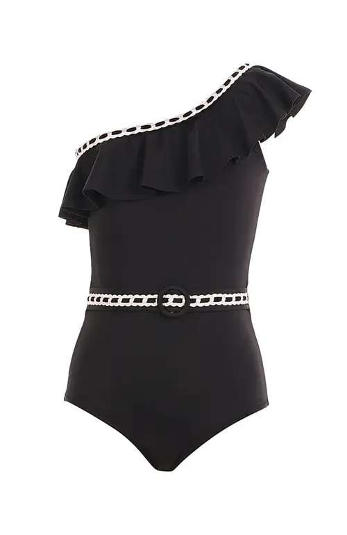 One Shoulder Ruffle Decorative Embroidery Accents One-Piece Swimsuit by NESSI BYRD