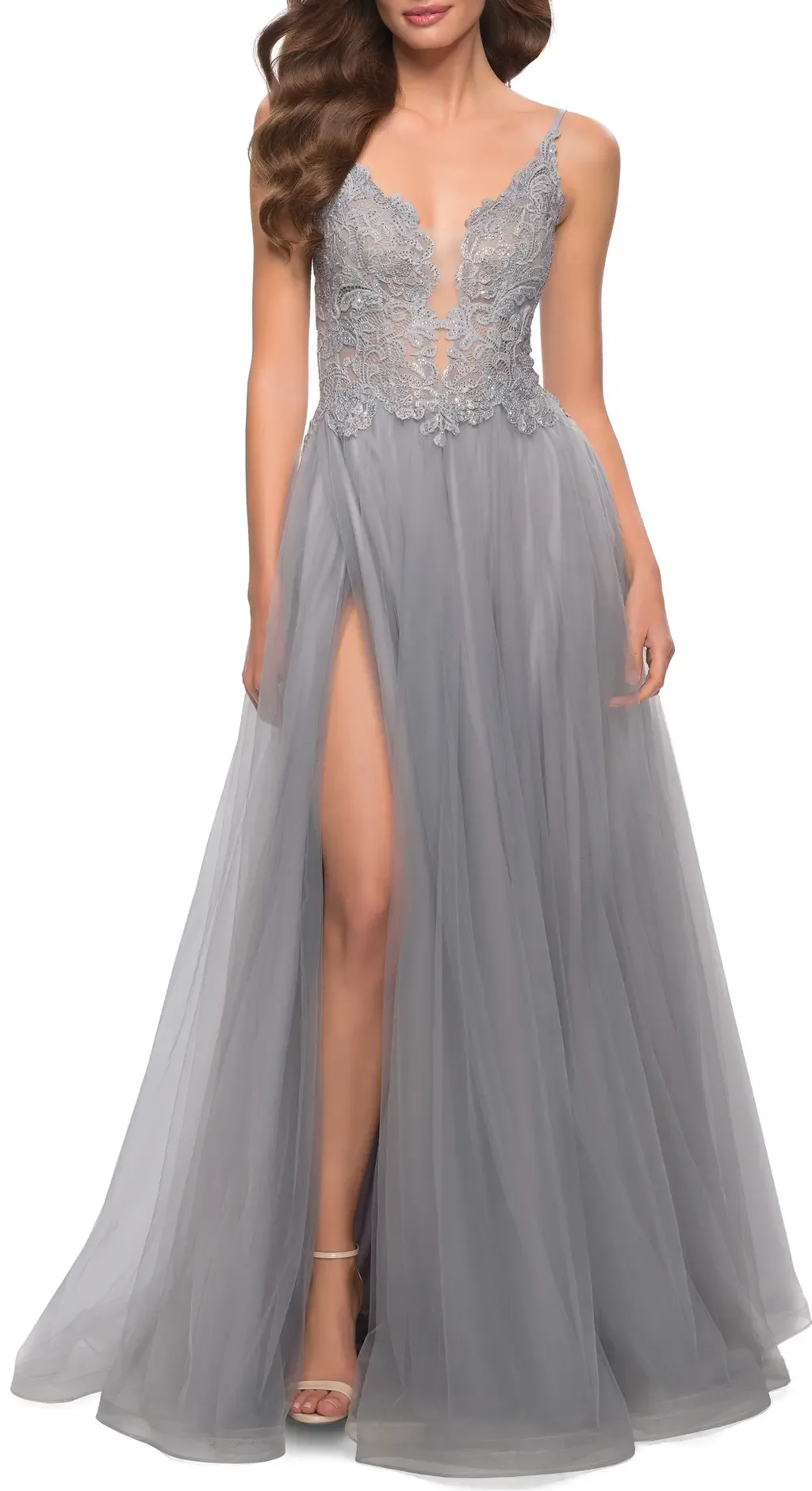 Tulle a Line Gown with Lace Rhinestone Bodice by La Femme