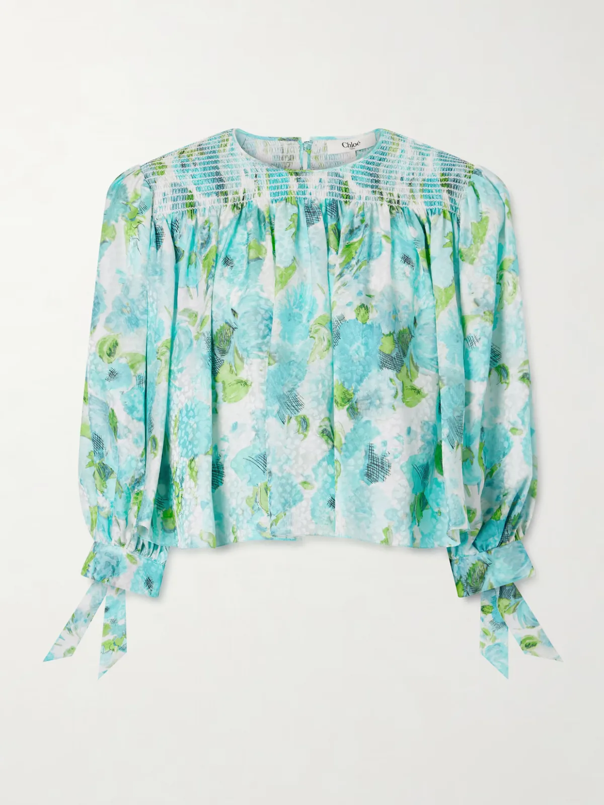- Cropped Smocked Floral-print Silk-jacquard Blouse -