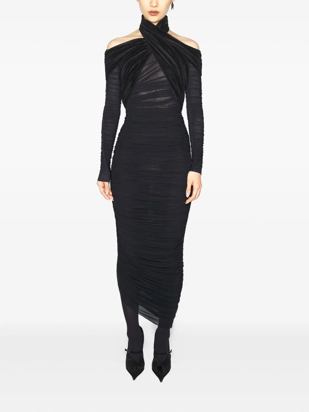 Cross-Neckline Draped Midi Dress