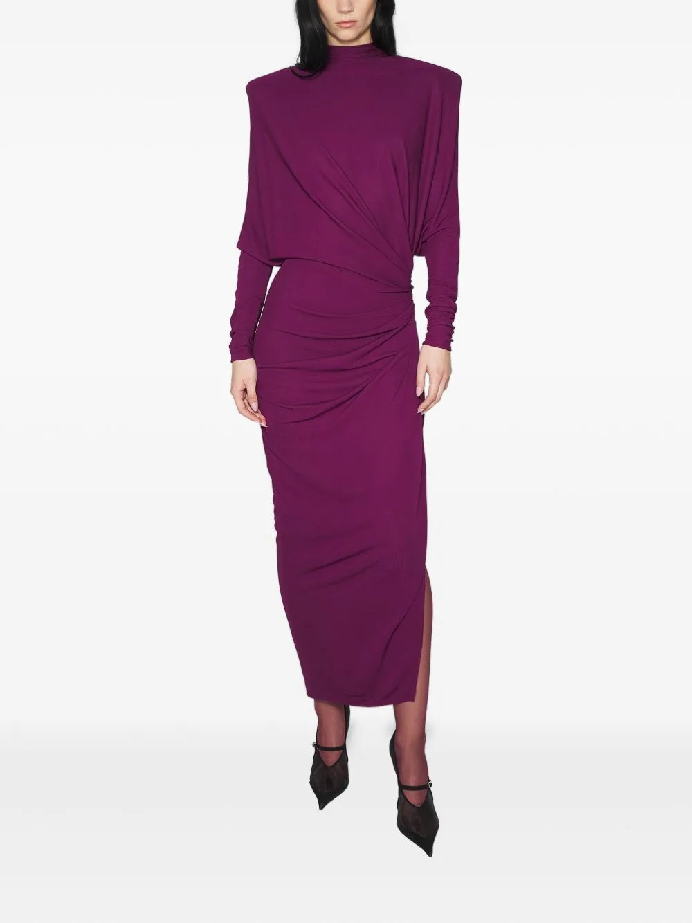 Draped Padded-Shoulder Maxi Dress by Mugler