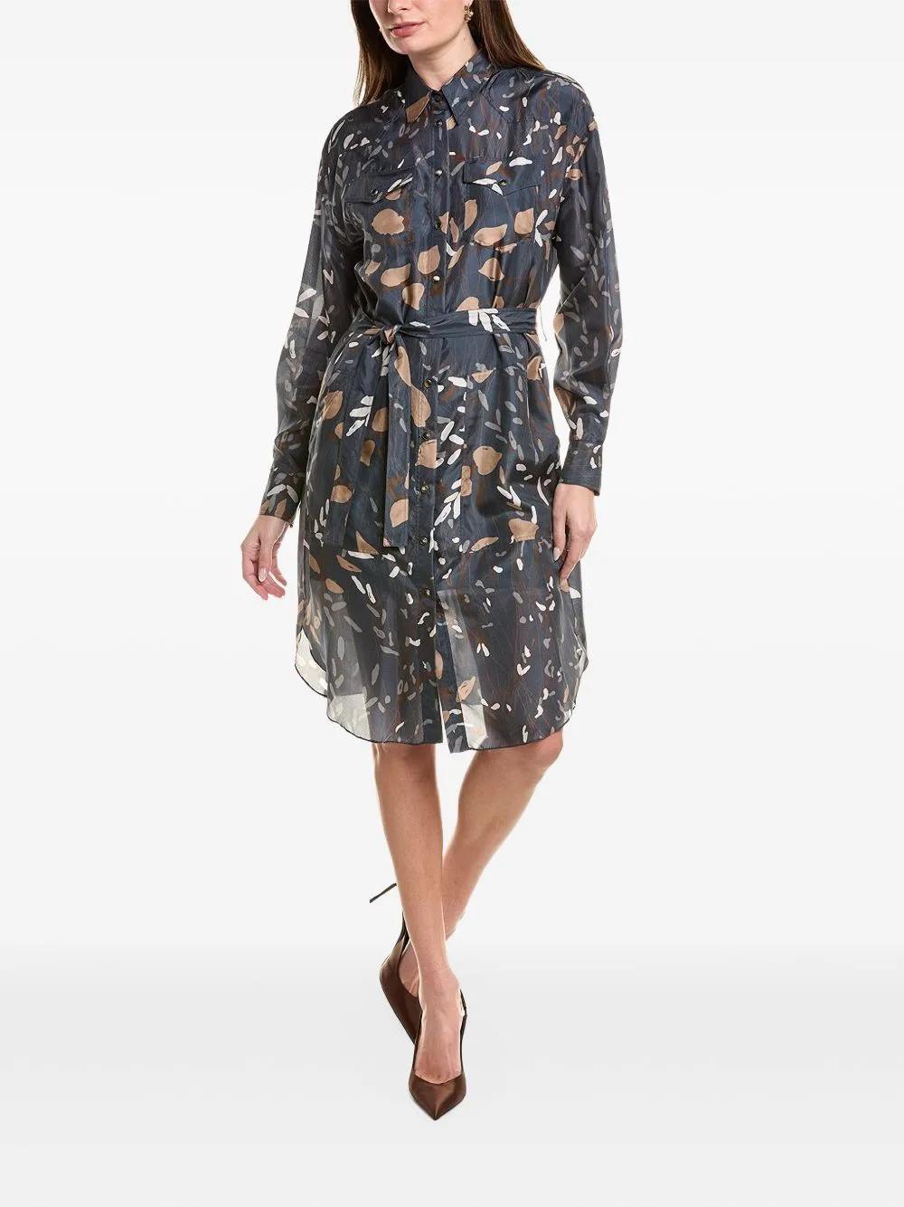 Abstract-Print Silk Shirt Midi Dress by Brunello Cucinelli