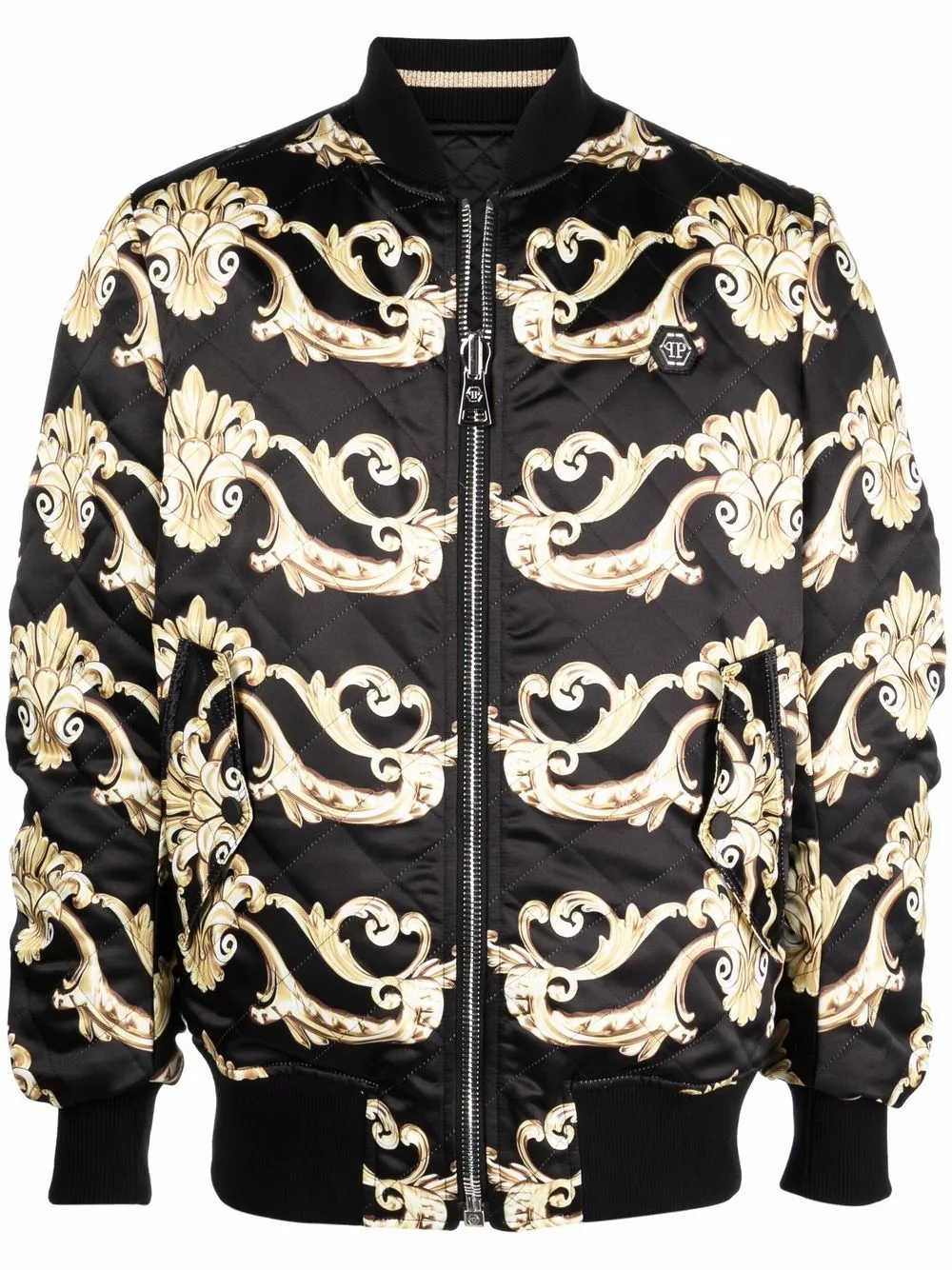 Gothic-Print Quilted Bomber Jacket