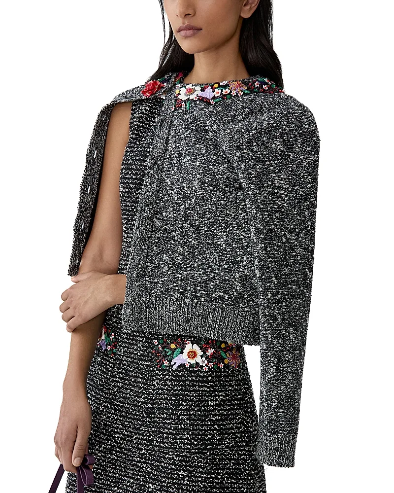 Wool Blend Embellished Crewneck Cardigan