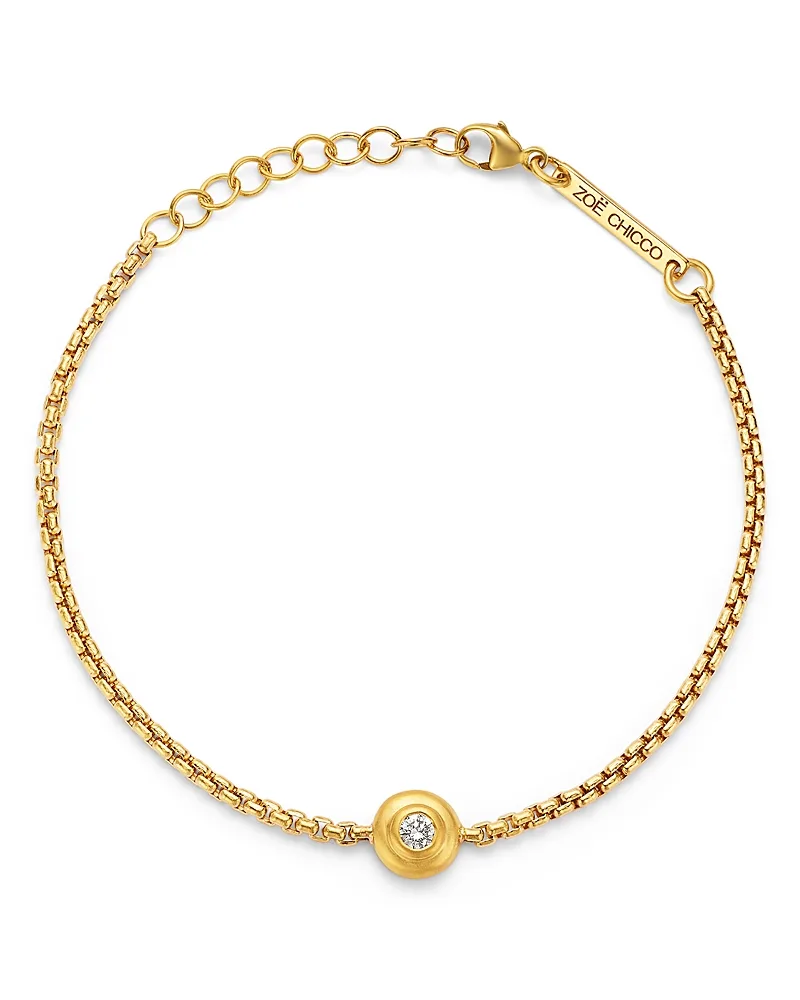 14K Yellow Gold Diamond Solitaire Brushed Bezel Box Link Chain Bracelet, 0.10 Tcw by Zoë Chicco