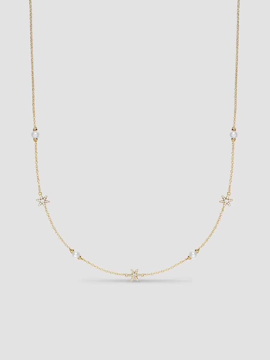 Petite Starburst and Pearl Station Chain Necklace in 18K Yellow Gold 6MM by David Yurman