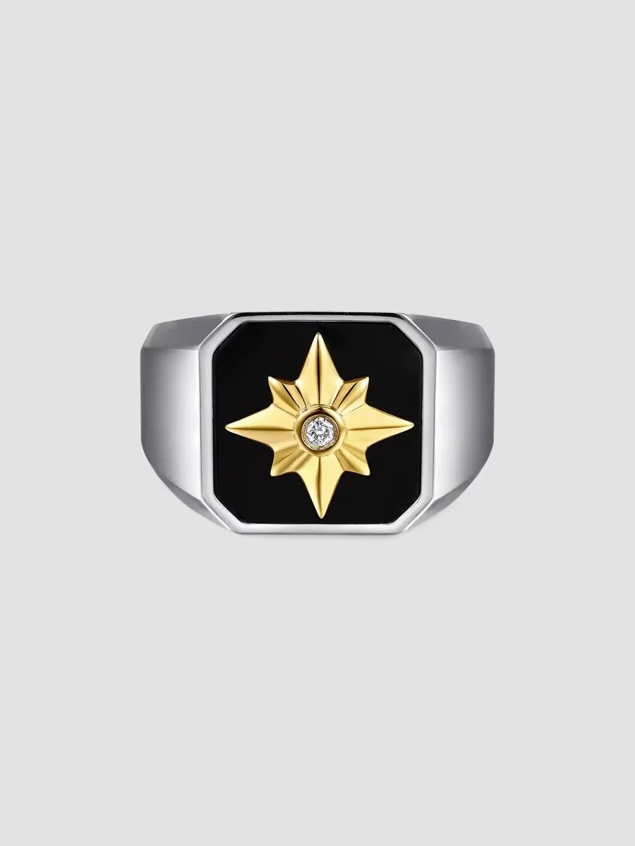 Gabriel & Co Polaris 14K Yellow Gold, Sterling Silver, 0.03 TCW Diamond, & Onyx Starburst Signet Ring by Gabriel