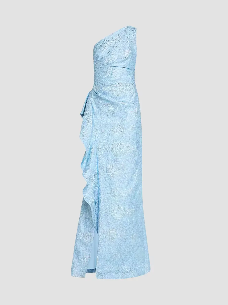 Metallic Jacquard One-Shoulder Gown