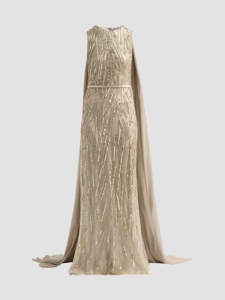 After Midnight Embellished Sheer Cape Gown