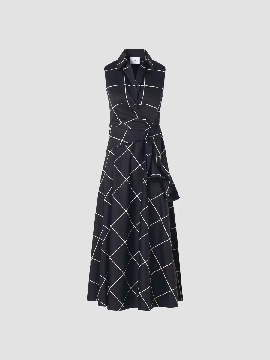 Window Check Cotton Satin Wrap Midi Dress
