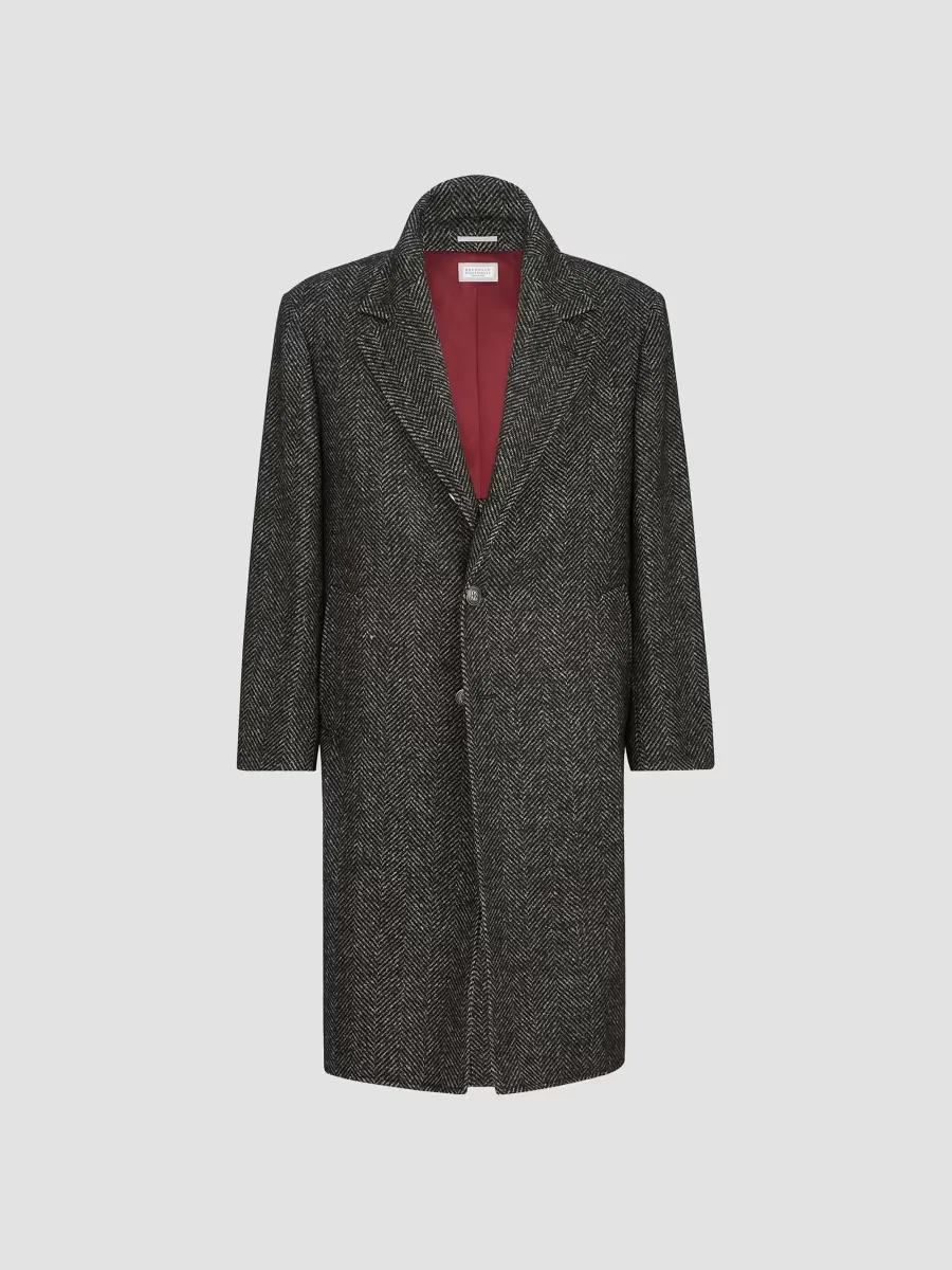 Virgin Wool and Alpaca Chevron Coat with Metal Buttons