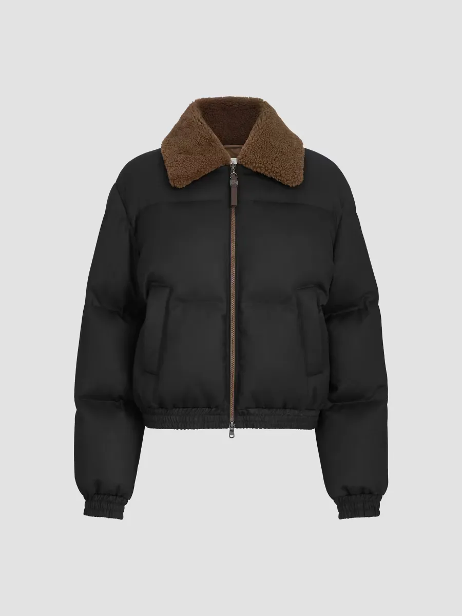 Bonded Virgin Wool Down Coat with Shearling Collar and Shiny Zipper Pull