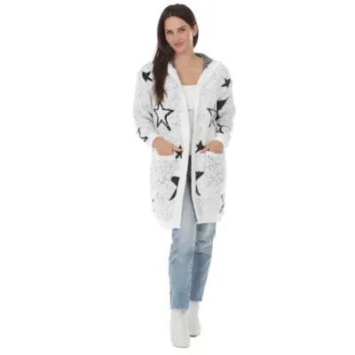 Star Print Hooded Plush Hooded Cardigan