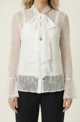 Sheer Lace Blouse with Bow Tie Neck Ruffle Front Detail with Cami