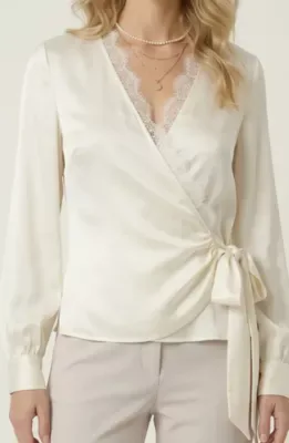Wrap Blouse with Lace Trim V Neck and Long Sleeve Tie Detail