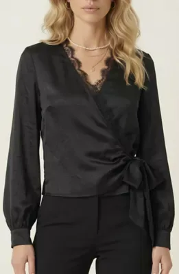 Wrap Blouse with Lace Trim V Neck and Long Sleeve Tie Detail