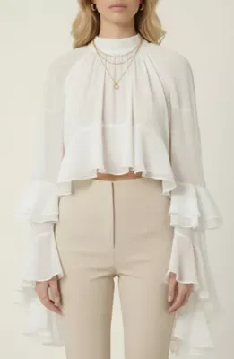 Sheer Ruffle Sleeve Blouse with High Neck and Layered Hem