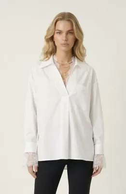 Lace Trim Collared Blouse with V Neck and Relaxed Fit