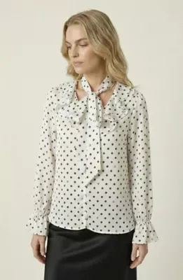 Polka Dot Tie Neck Blouse with Ruffle Trim and Long Sleeves