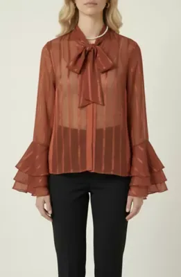 Sheer Blouse with Tie Neck Detail and Tiered Bell Sleeves