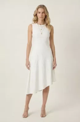 Sleeveless Midi Dress with Asymmetrical Hem and Sculpted Seaming